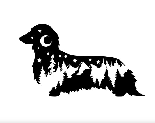 Adventure Dachshund, Wiener Dog nature bumper sticker, long haired wiener dog, dog mom, dog sticker, Dachshund decal, PNW